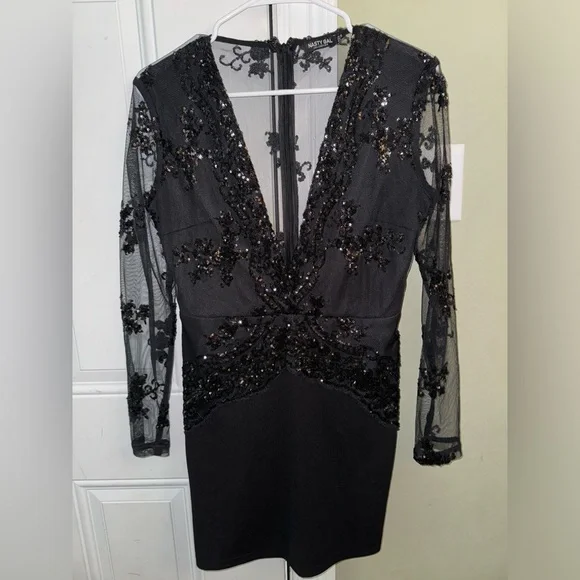 nasty gal black long sleeve dress Nasty Gal Women's Disc Cluster Embellished Lace Up Fluted Sleeve Mini Dress in Black